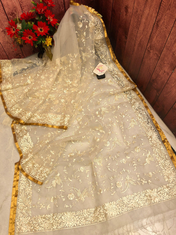 Pure Offwhite Color Resham Handloom Saree with Machine Embroidery