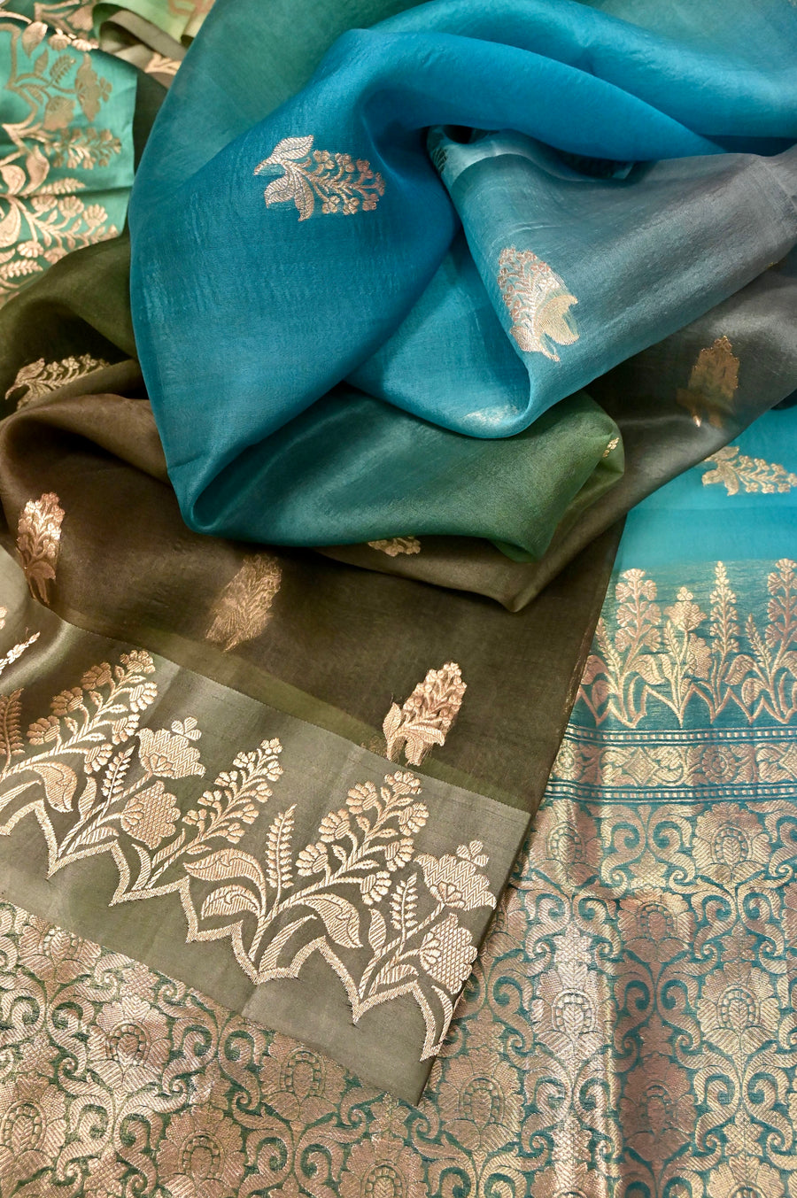 Pure Ombre Kora Organza Saree in Multi Shade of Blue and Green with Satin Border