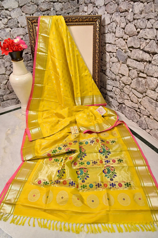 Pure Paithani Saree in Yellow Color with Allover Chand Buti and Silver Zari Work