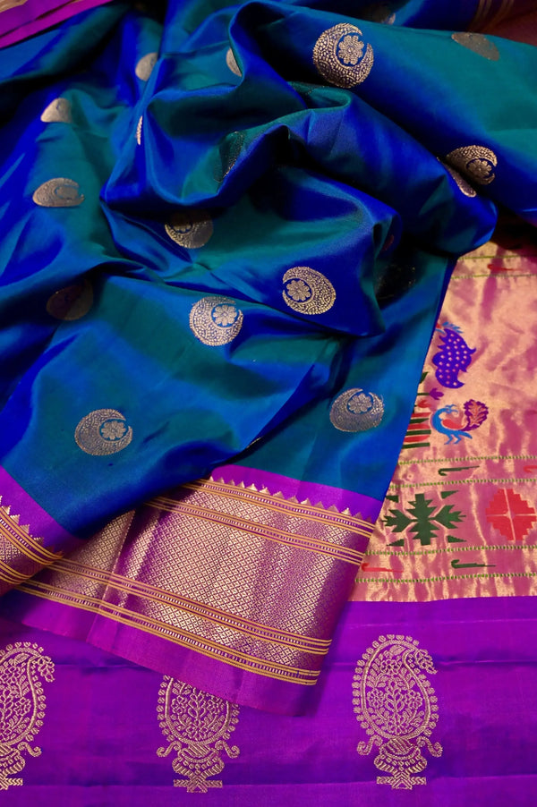 Pure Paithani Silk Saree in Blue and Green Color Dual Tone with Allover Golden Zari Chand Butta