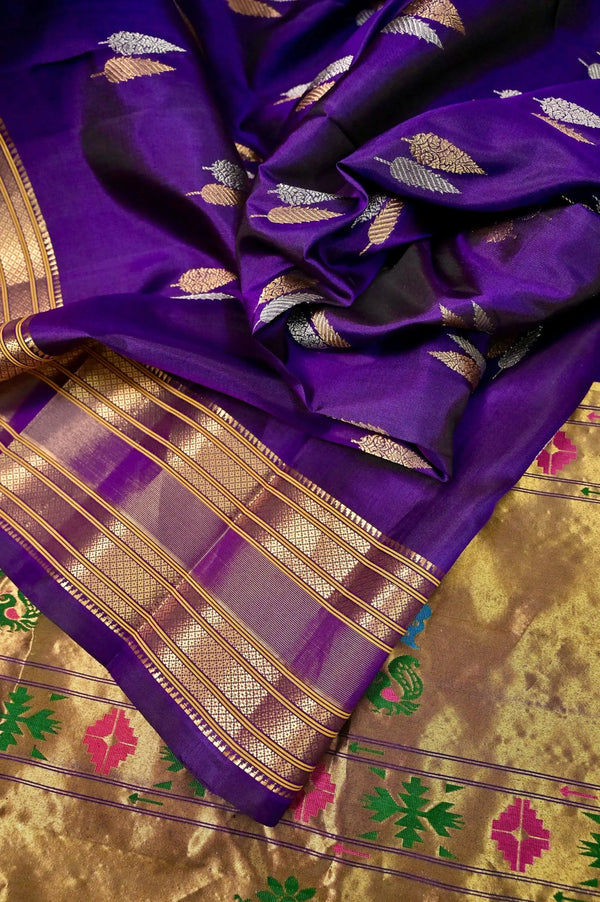 Pure Paithani Silk Saree in Brinjal Color with Allover Golden and Silver Zari Buti with Zari Weaving Border