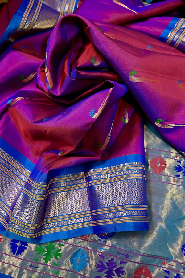 Pure Paithani Silk Saree in Purple Color with Allover Munia (Parrot) Butta and Contrast Pallu with Border