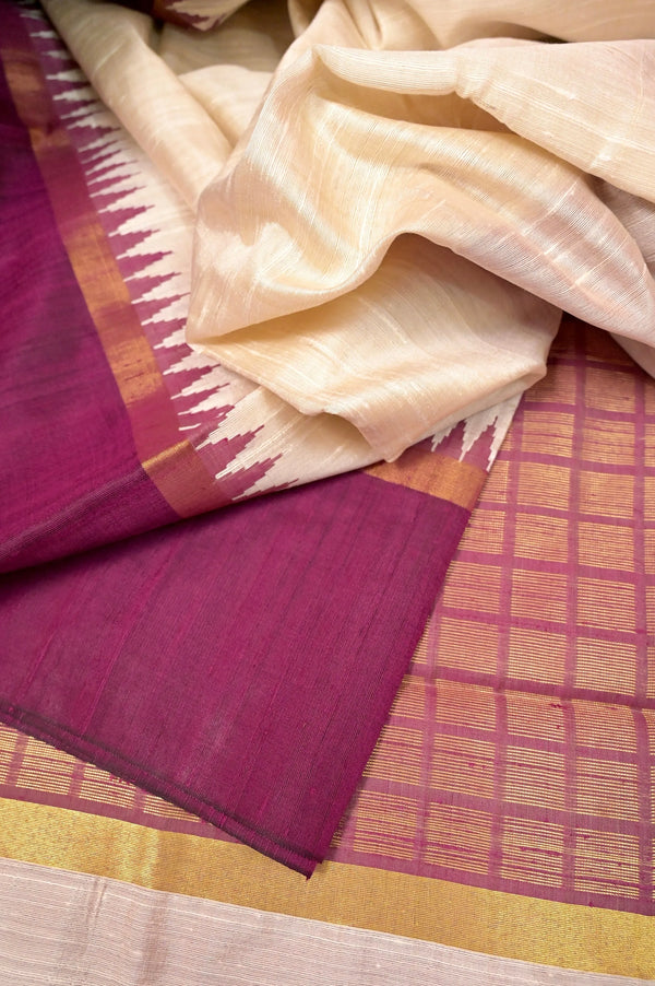 Pure Raw Silk Saree in Offwhite and Dark Purple Color with Contrast Color Temple Border and Zari Check Pallu