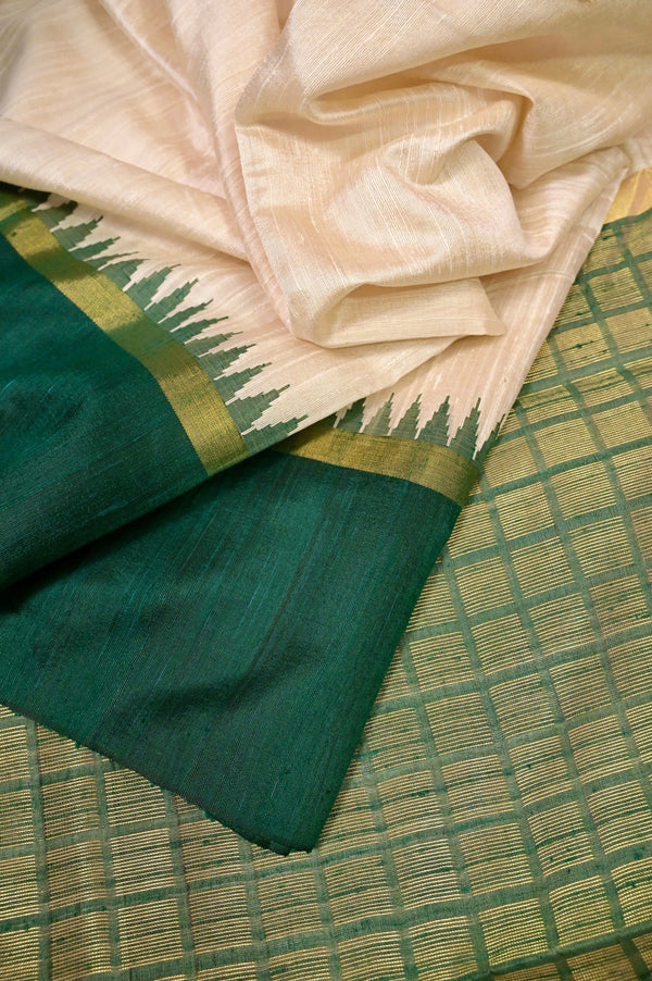 Pure Raw Silk Saree Offwhite and Green Color with Contrast Color Temple Border and Zari Check Pallu