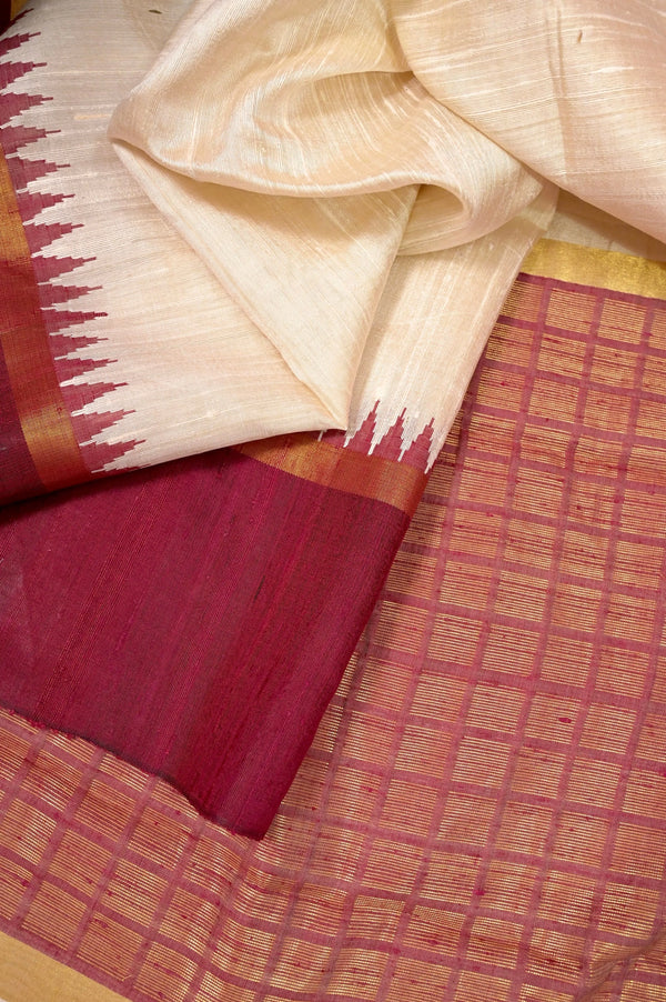 Pure Raw Silk Saree Offwhite and Wine Color with Contrast Color Temple Border and Zari Check Pallu