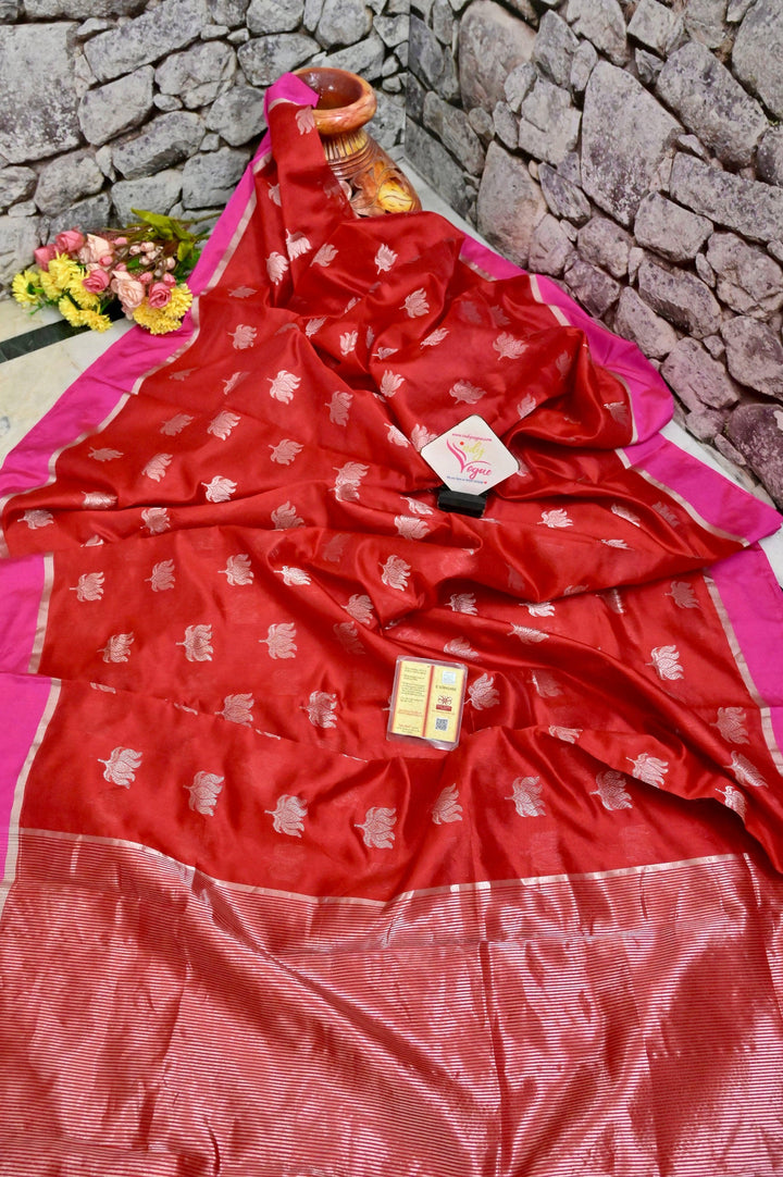Pure Red Color Chanderi Banarasi Saree with Silver Lotus Butta Work