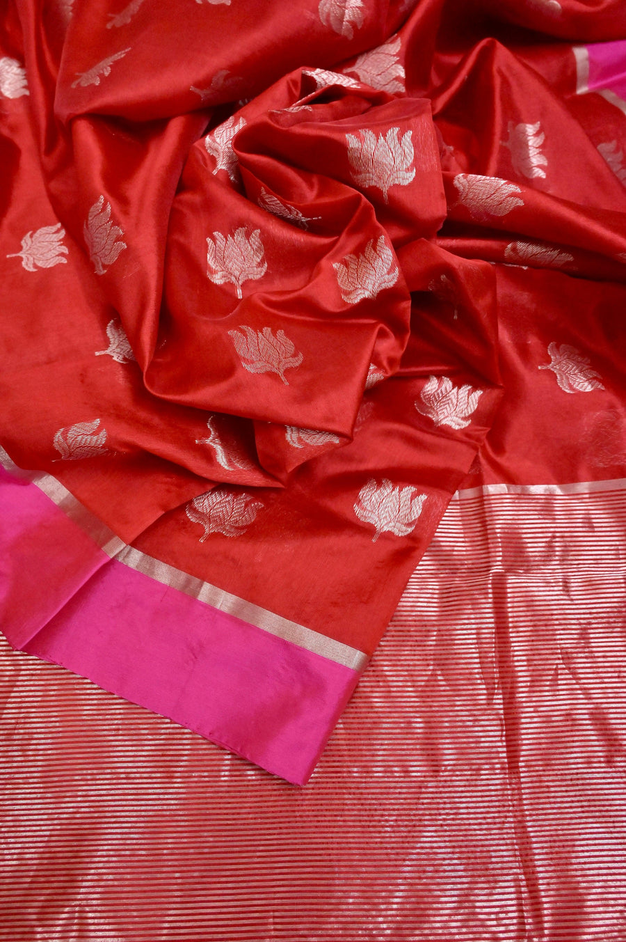 Pure Red Color Chanderi Banarasi Saree with Silver Lotus Butta Work