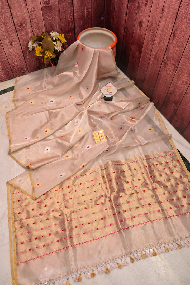 Pure Silver Tissue Banarasi Saree with Golden & Silver Meenakari Buti Work