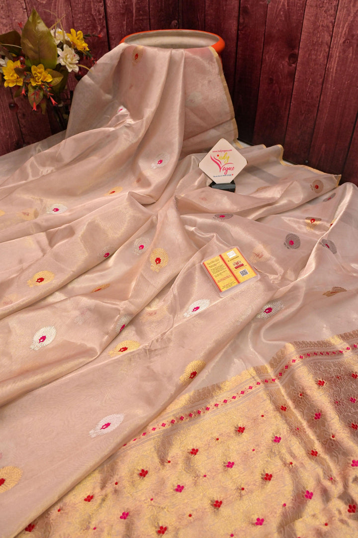 Pure Silver Tissue Banarasi Saree with Golden & Silver Meenakari Buti Work