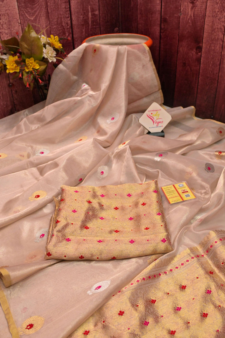 Pure Silver Tissue Banarasi Saree with Golden & Silver Meenakari Buti Work