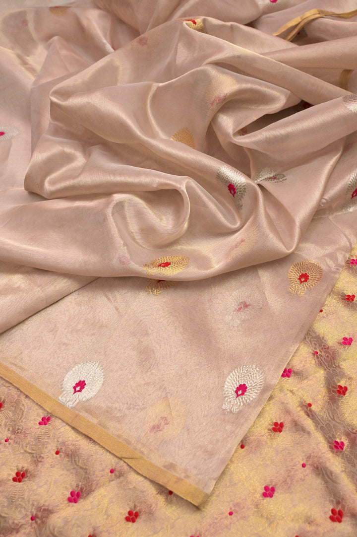 Pure Silver Tissue Banarasi Saree with Golden & Silver Meenakari Buti Work