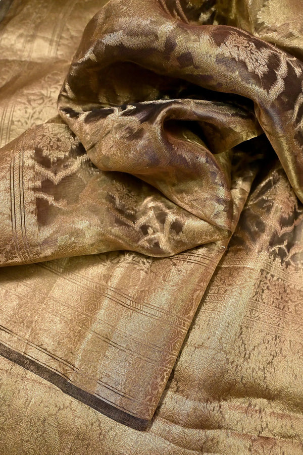 Pure Tissue Banarasi Saree in Brown Color with Allover Jaal Weaving Work