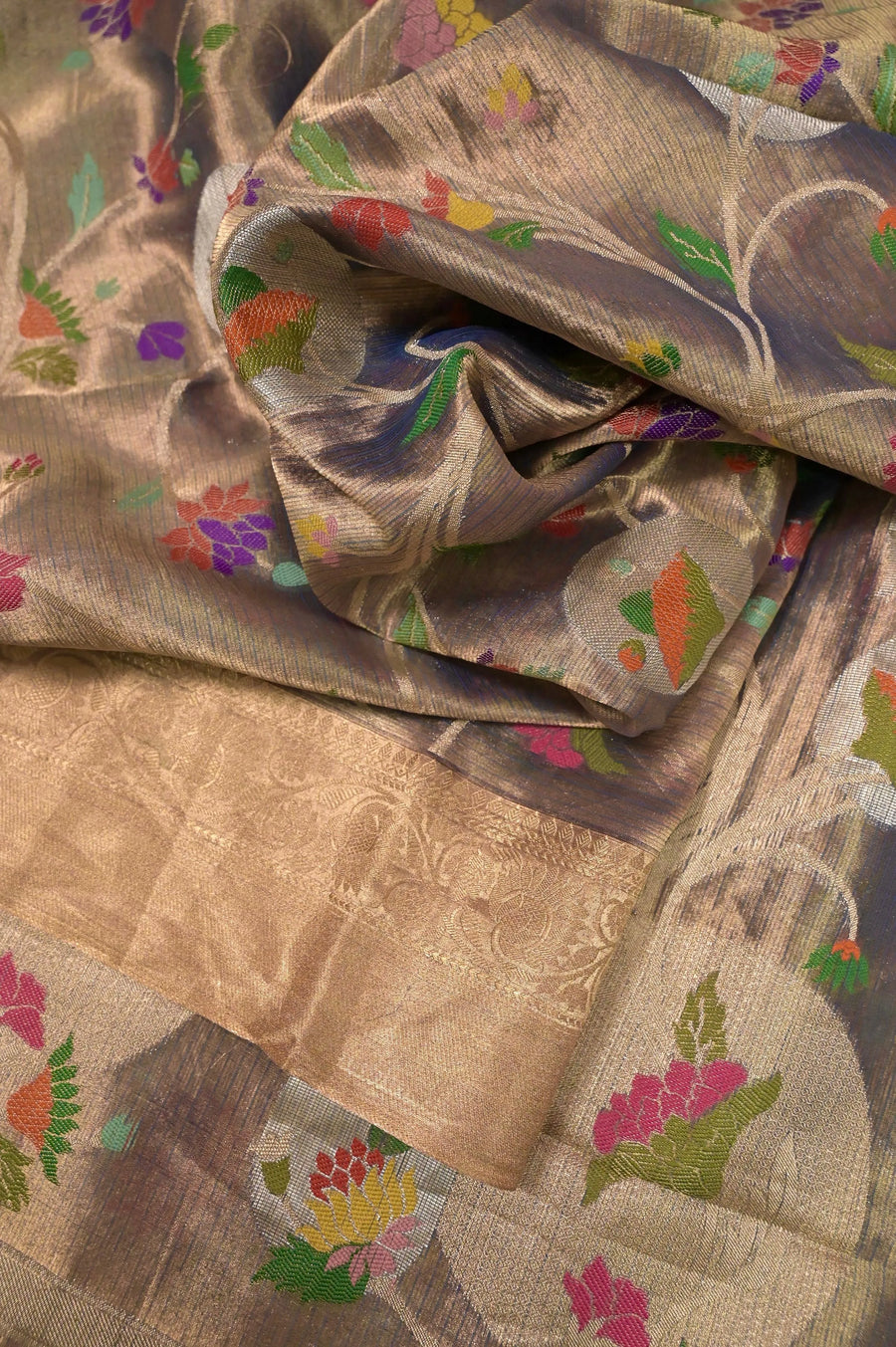 Pure Tissue Kota Banarasi Silk Saree in Grey and Gold with Allover Meenakari Jaal Weaving and Golden Zari Border