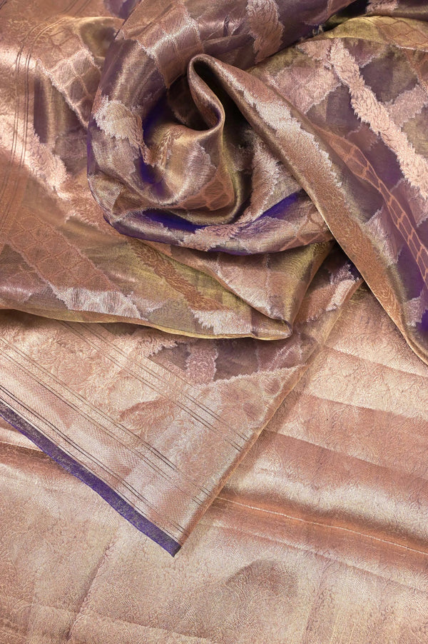 Pure Tissue Silk Saree in Purple and Golden Dual-Tone Shade with Allover Leheriya Work