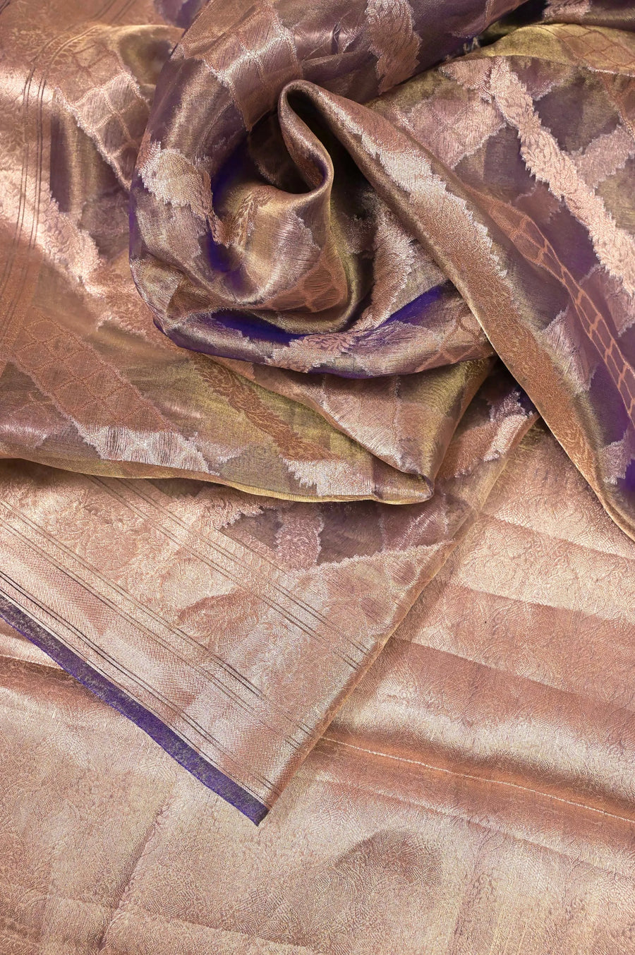 Pure Tissue Silk Saree in Purple and Golden Dual-Tone Shade with Allover Leheriya Work
