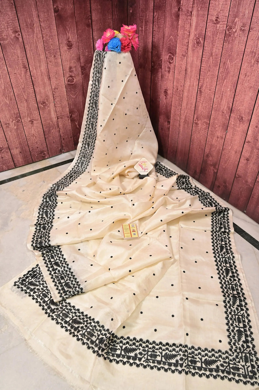 Pure Tussar Color in Cream Color with Allover Embroidery Work