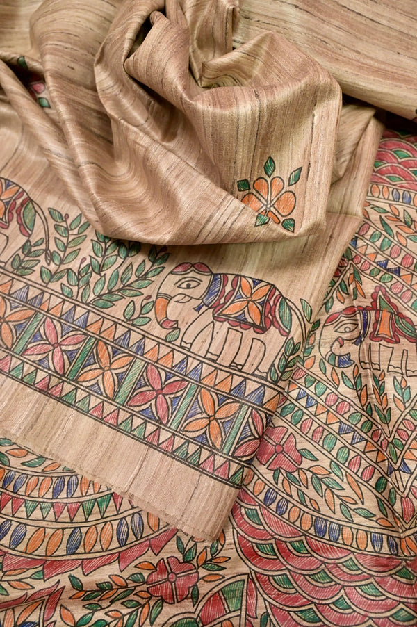 Pure Tussar Ghicha Silk Saree in Light Sandal Color with Allover Madhubani Hand Painting Work