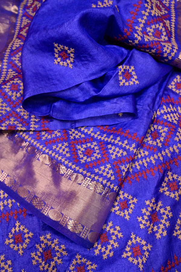 Pure Tussar Silk Saree in Brinjal Blue Color with Gujrati Embroidery Work and Copper Zari Border