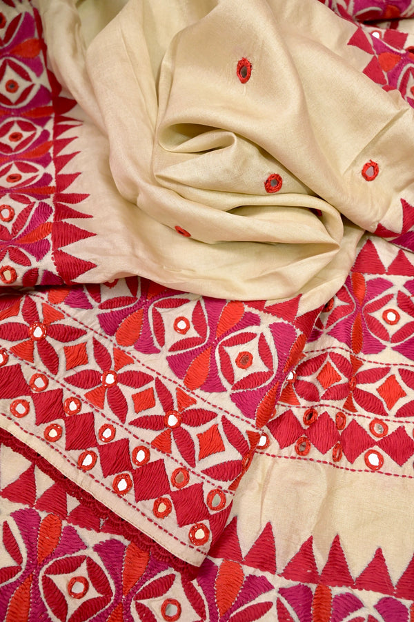 Pure Tussar Silk Saree in Ivory Cream Color with Kathiawadi Hand Embroidery and Thread Embroidery with Mirror Work