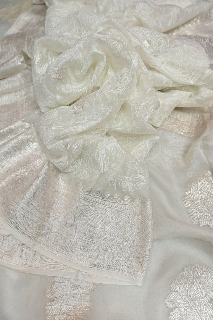 Pure White Color Chiffon Banarasi Saree with Chikankari