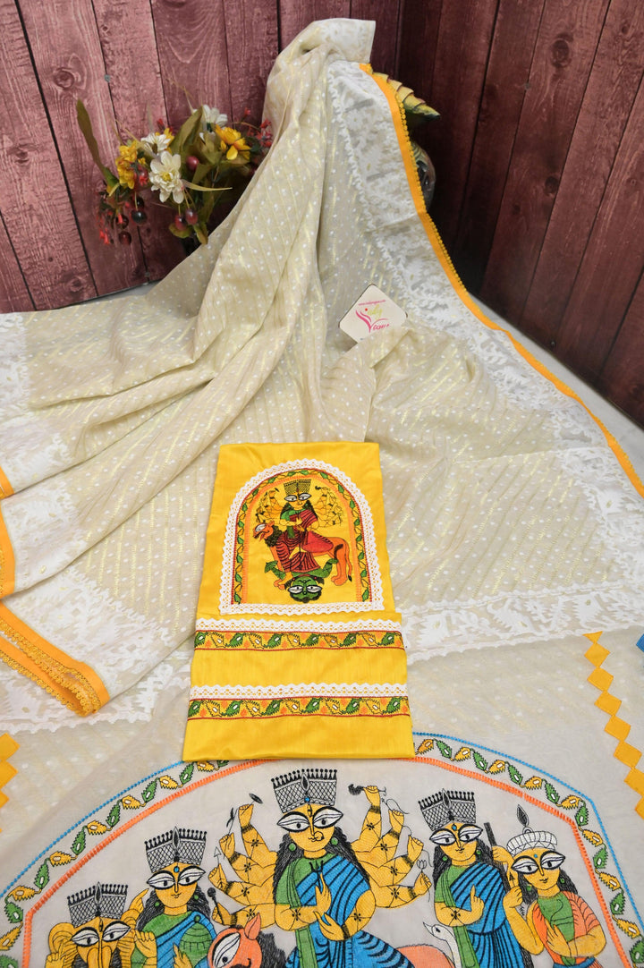 Pure White Color Durga Jamdani Saree with Embroidery and Lace Border