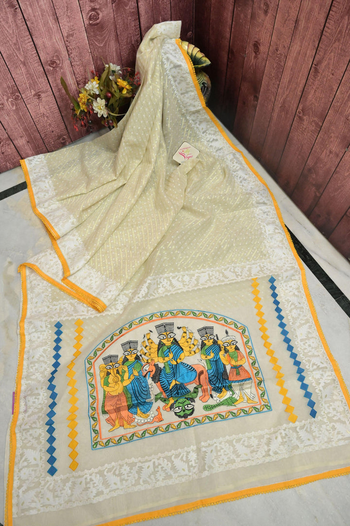 Pure White Color Durga Jamdani Saree with Embroidery and Lace Border