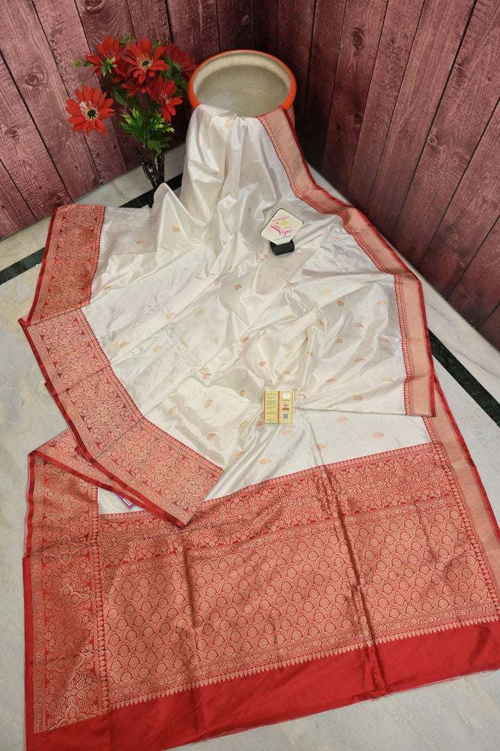 Pure White Color Katan Banarasi Saree with Buti Work