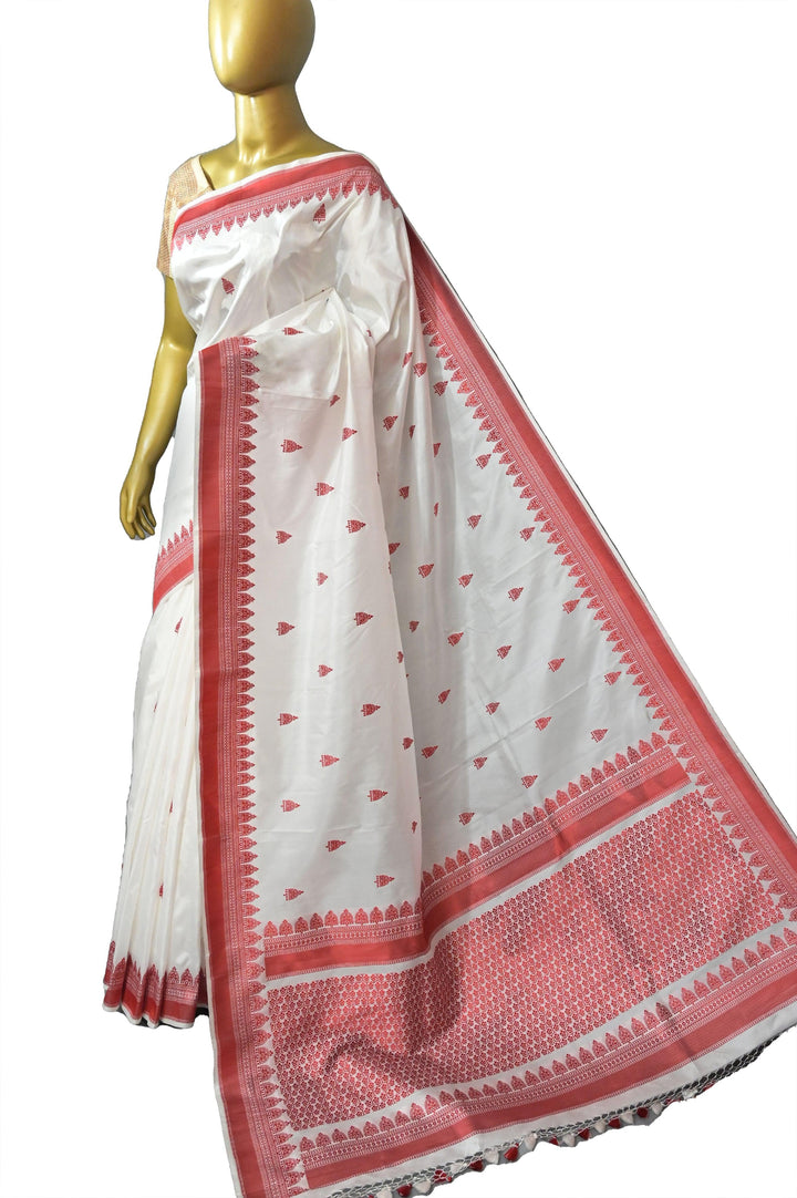Pure White Color Katan Banarasi Saree with Thread-Weaving