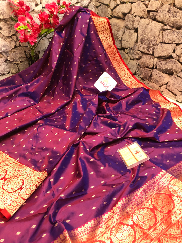 Pure Wine Color Katan Banarasi Silk Saree with Allover Buti Work