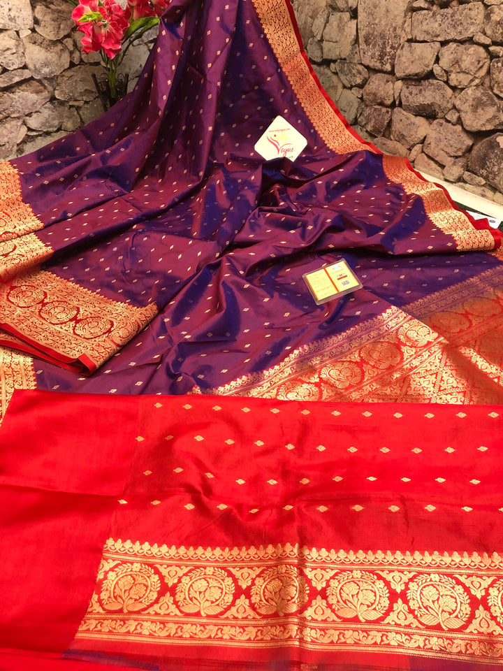 Pure Wine Color Katan Banarasi Silk Saree with Allover Buti Work