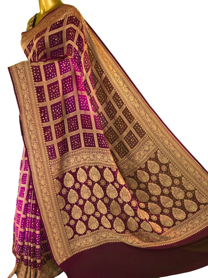Purple and Beetroot Color Khaddi Georgette Banarasi with Zari Check and Hand Bandhani