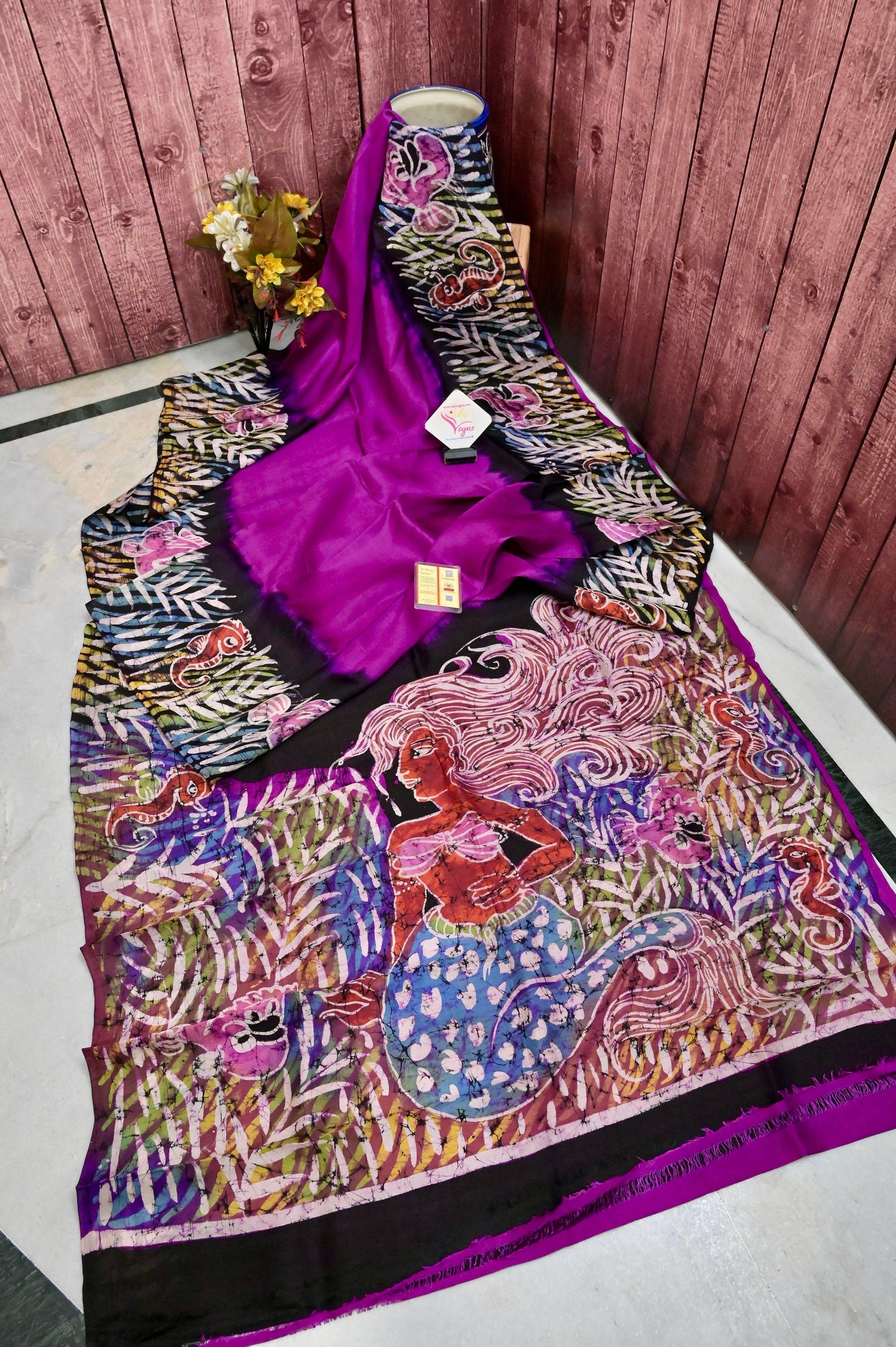 Purple and Black Color Pure Bishnupuri Silk with Hand Batik Work