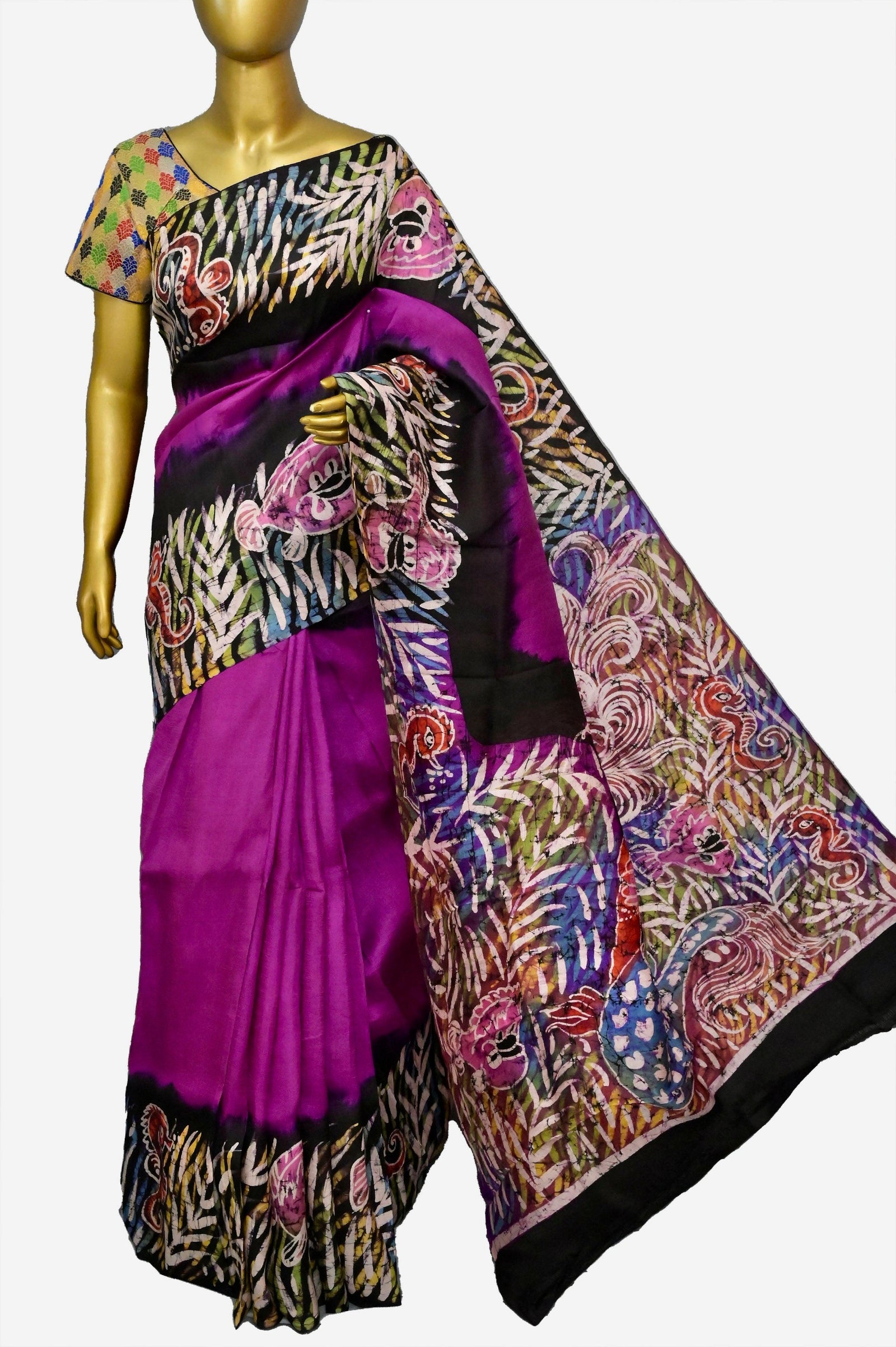 Purple and Black Color Pure Bishnupuri Silk with Hand Batik Work