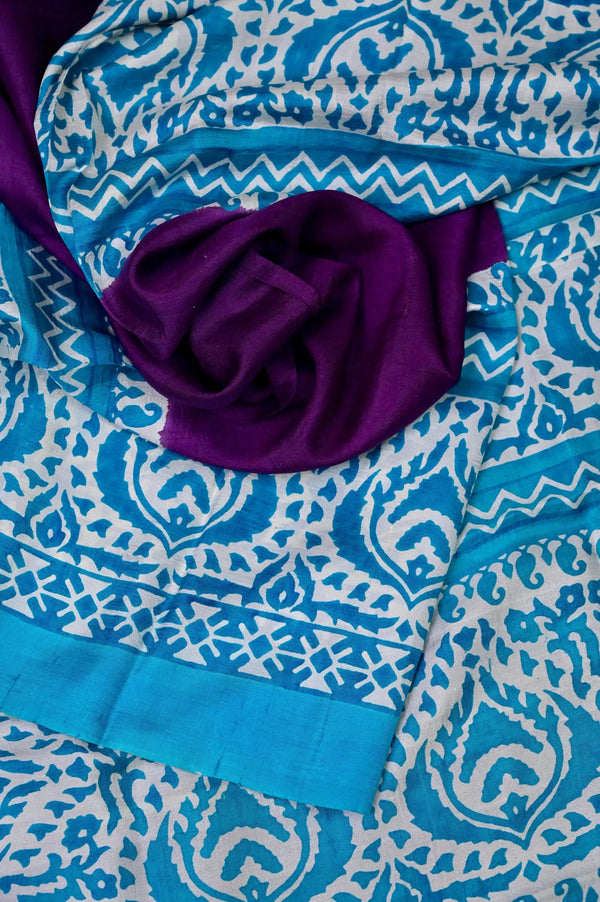Purple and Blue Color Pure Bishnupur Silk Saree with Hand Block Print