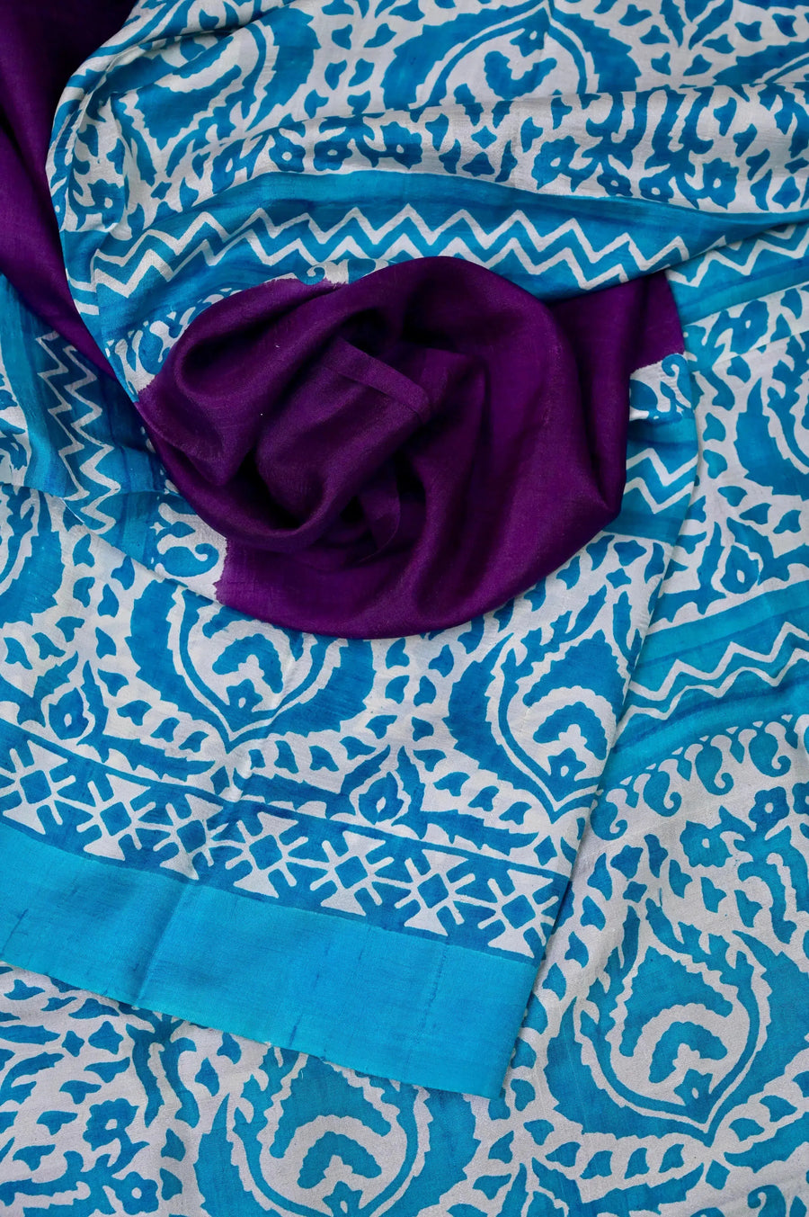 Purple and Blue Color Pure Bishnupur Silk Saree with Hand Block Print