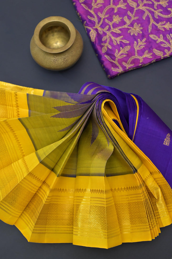 Purple and Yellow Color Pure Kanjeevaram Silk Saree with Zari Temple Border