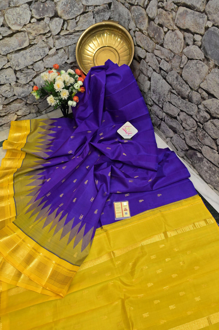Purple and Yellow Color Pure Kanjeevaram Silk Saree with Zari Temple Border