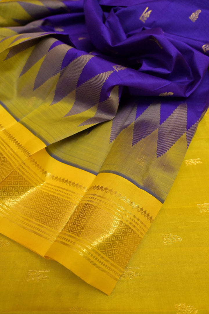Purple and Yellow Color Pure Kanjeevaram Silk Saree with Zari Temple Border