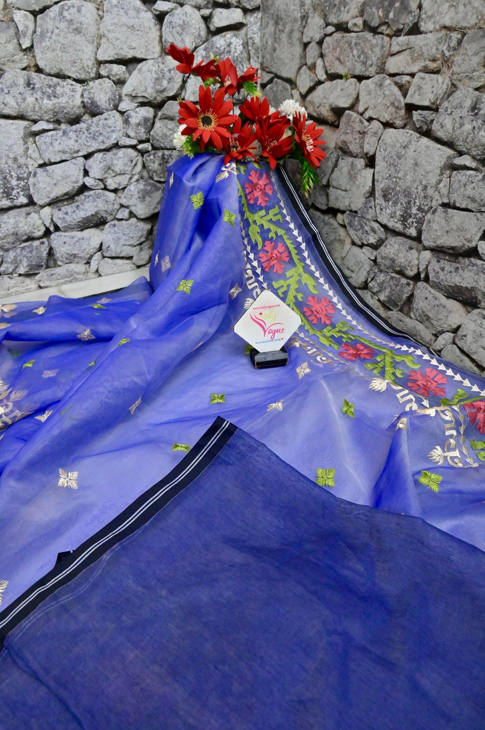 Purple Blue Color Muslin Jamdani with Embroidery