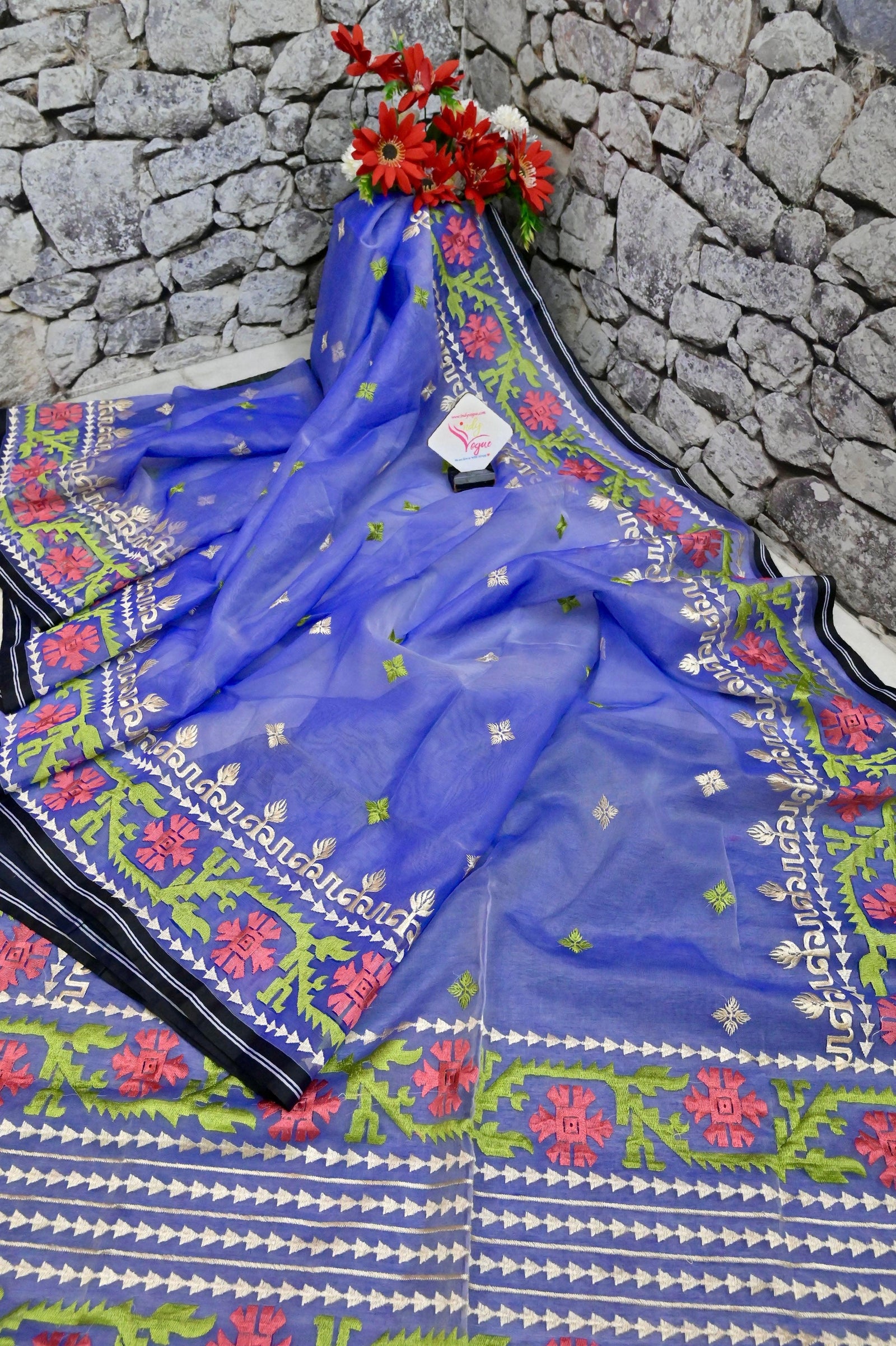 Purple Blue Color Muslin Jamdani with Embroidery