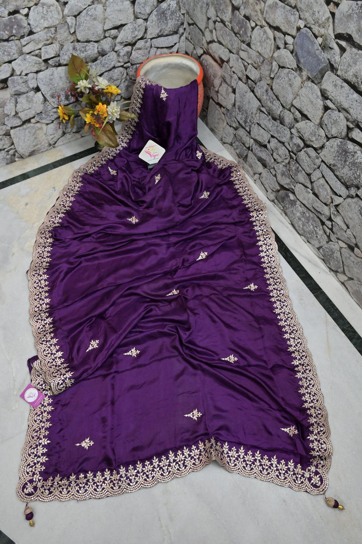 Purple Color Crepe Satin Saree with Gota Patti Embroidery and Scallop Border