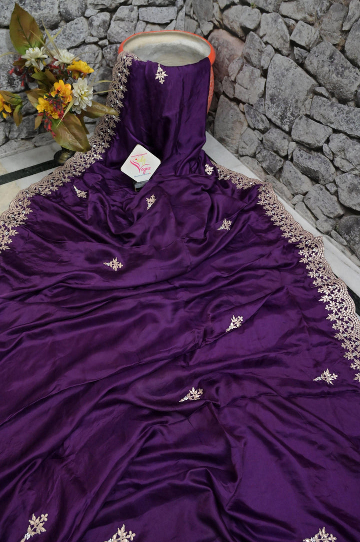 Purple Color Crepe Satin Saree with Gota Patti Embroidery and Scallop Border