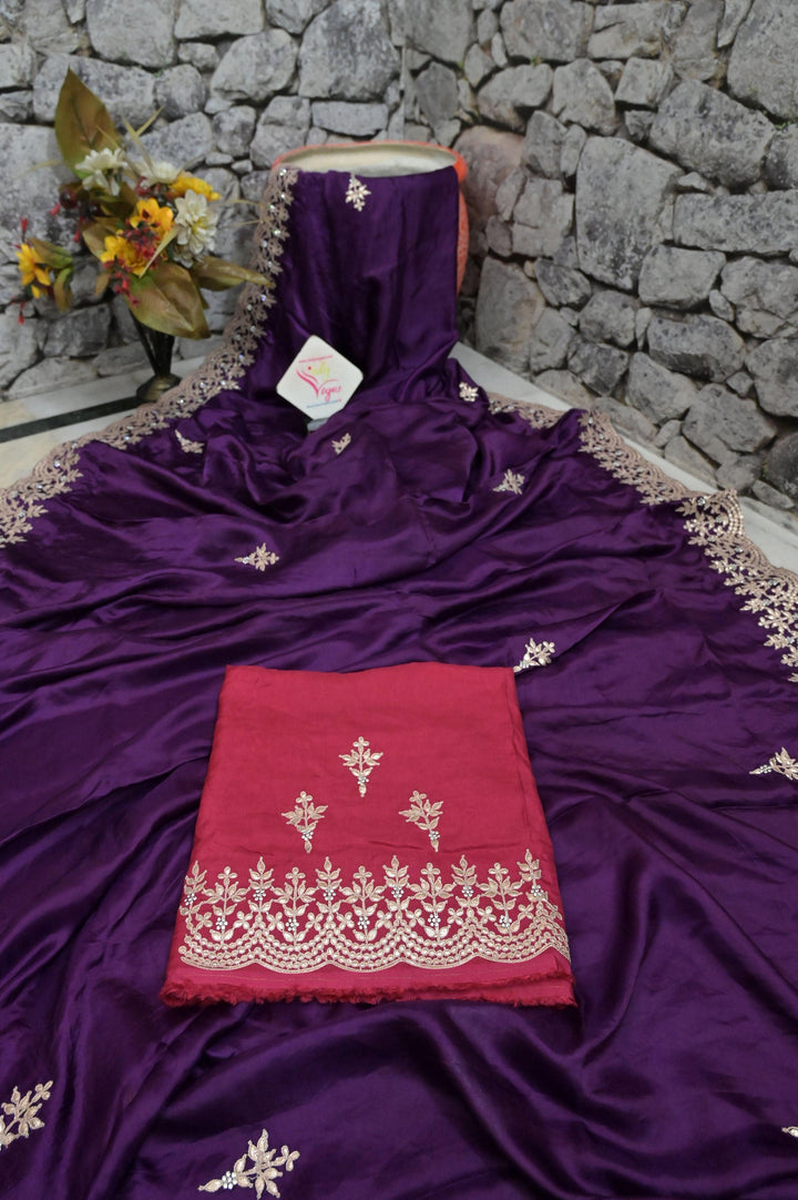 Purple Color Crepe Satin Saree with Gota Patti Embroidery and Scallop Border
