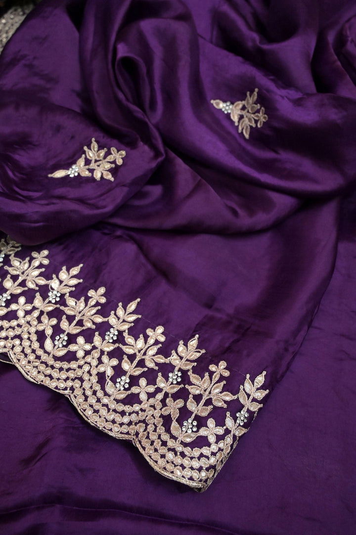 Purple Color Crepe Satin Saree with Gota Patti Embroidery and Scallop Border