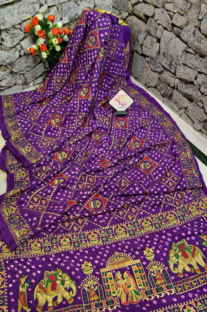 Purple Color Ghazi Silk Gharchola Saree with Hand Bandhani Work