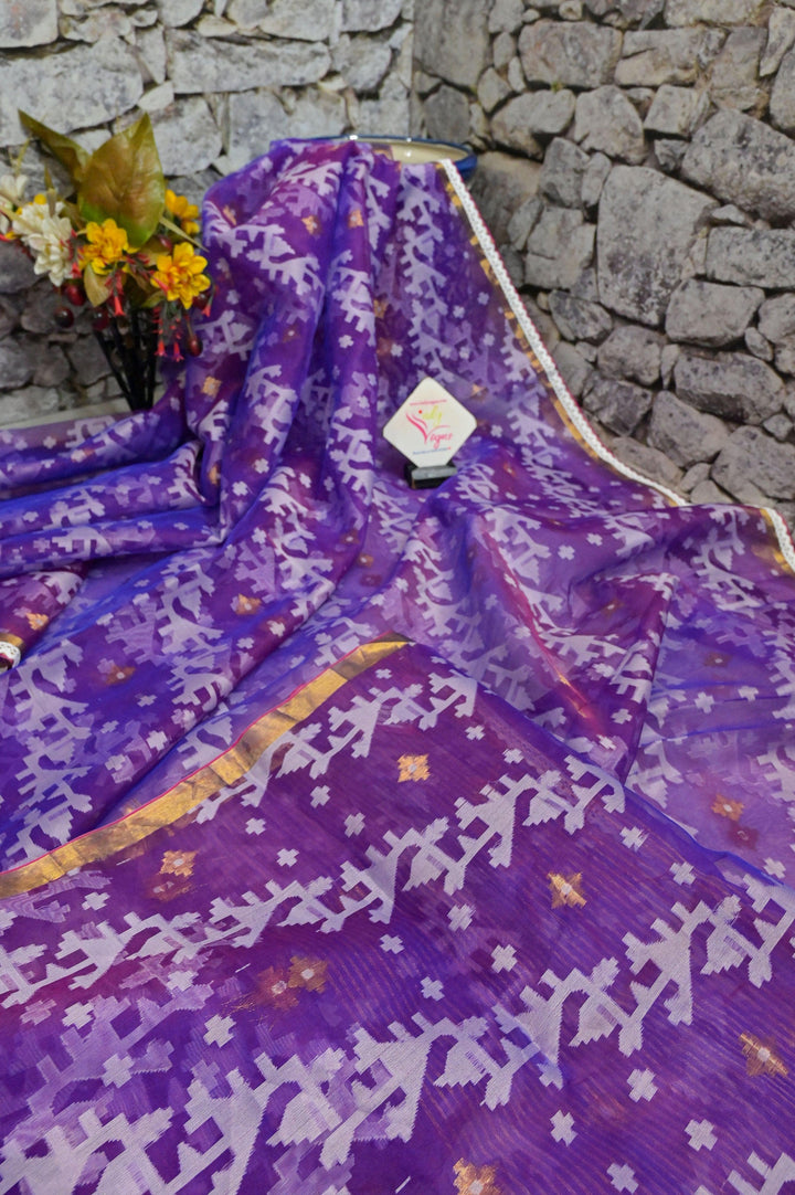 Purple Color Muslin Jamdani Saree with Zari and Lace Work