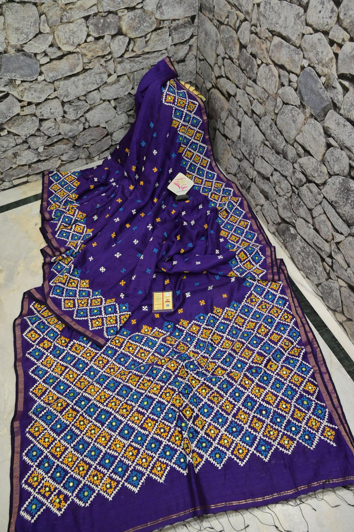 Purple Color Pure Matka Silk Saree with Zari Border and Gujarati Hand Embroidery and Mirror Work