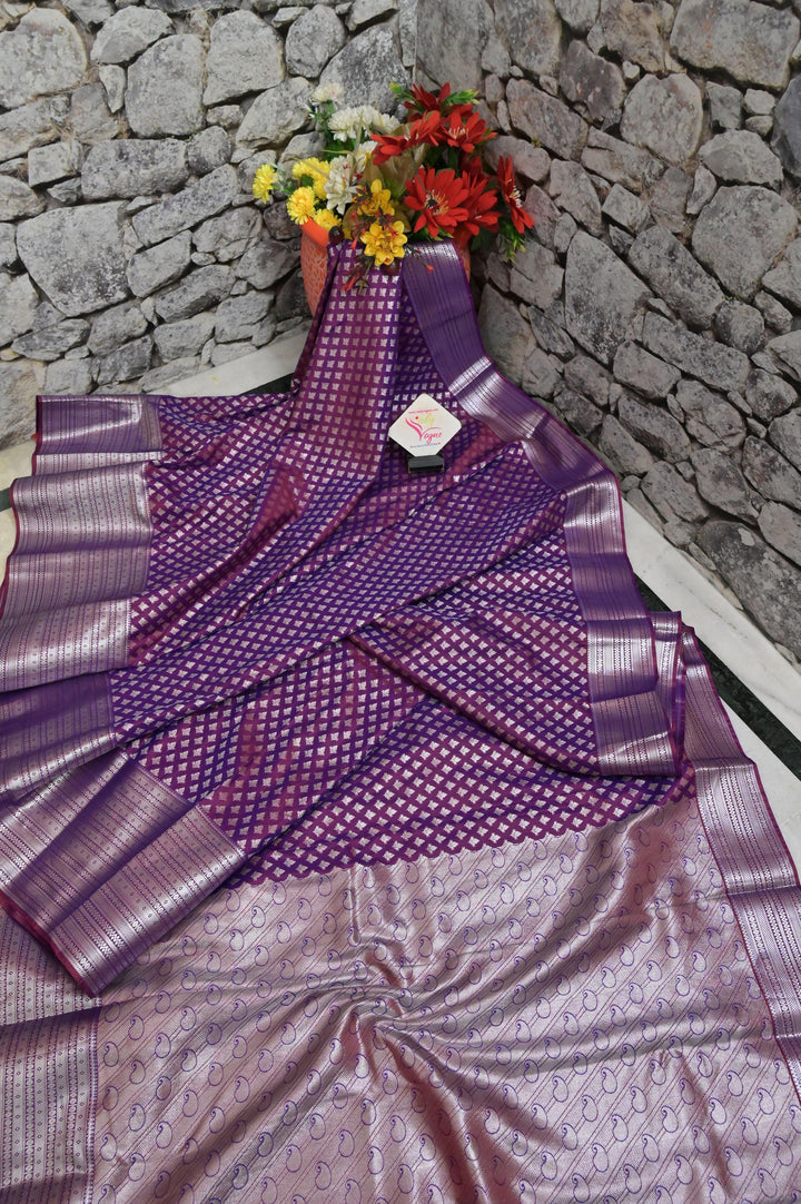 Purple Color South Silk With Allover Silver Buti and Border