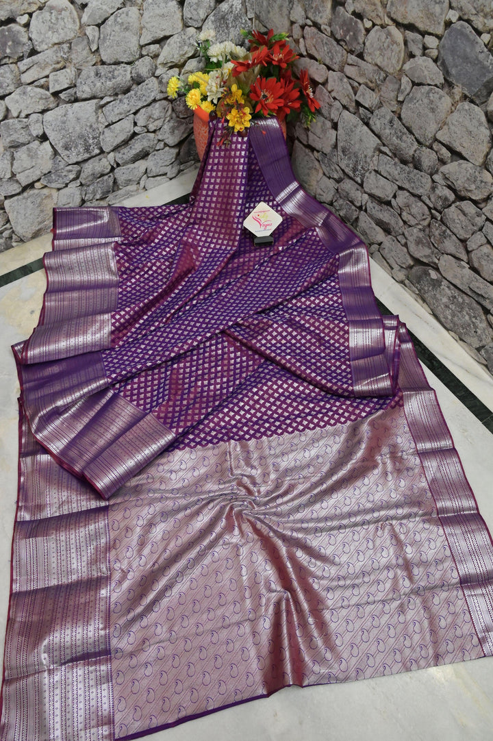 Purple Color South Silk With Allover Silver Buti and Border