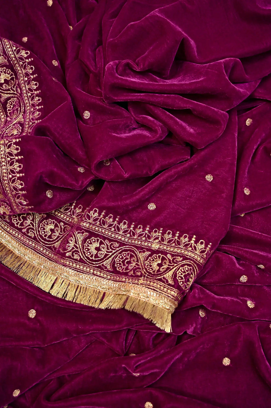 Purple Rose Color Designer Velvet Saree with Allover Antique Zari Embroidery and Lace Border with Mirror Work